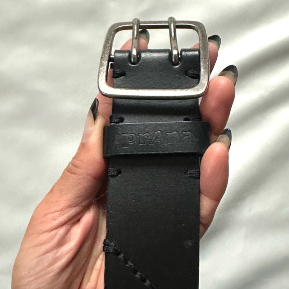 PRANA BLACK LEATHER STITCHED BELT STITCHED SILVER SQUARE BUCKLE SIZE-mens M - Picture 3 of 9